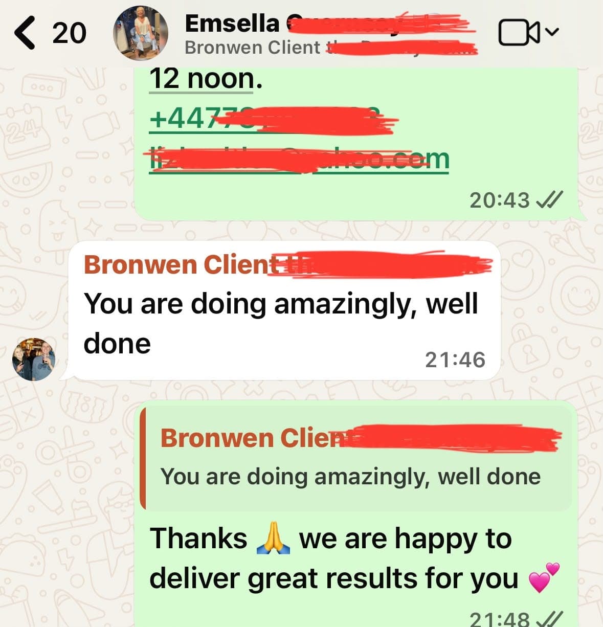 WhatsApp chat in the Emsella group with Bronwen, who writes you are doing amazingly, well done