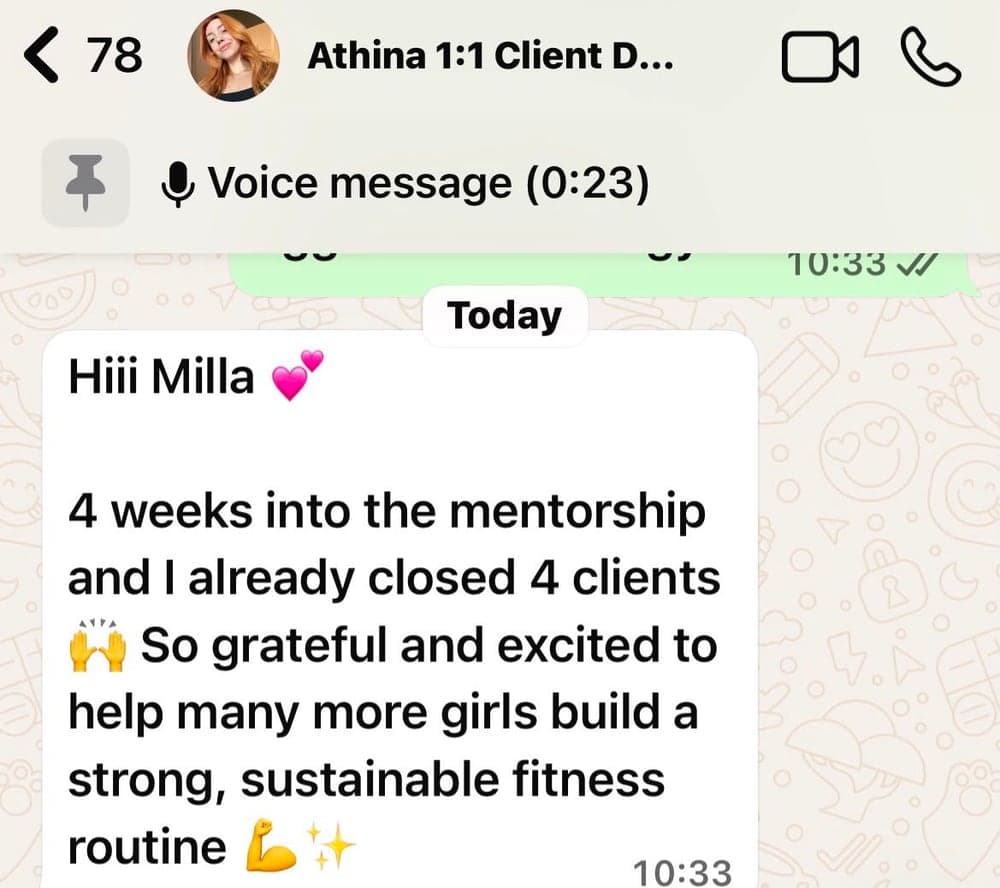 WhatsApp message from Athina about closing four clients in four weeks